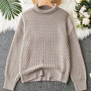 Mocha Brown Casual Womens Turtleneck Drop Shoulder Sweater